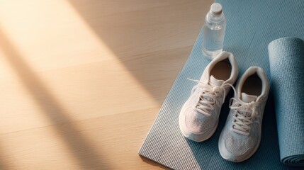White running shoes and a water bottle rest on a blue exercise mat, illuminated by soft natural light on a wooden floor.