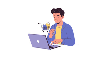 Man Shopping Online with Laptop Shopping Cart and Bags.