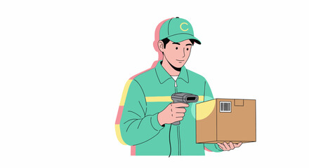 Smiling Delivery Person Scanning Package in Light Teal Uniform.