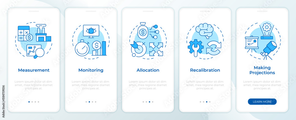 Poster steps in capacity management processes blue onboarding mobile app screen. walkthrough 5 steps editab