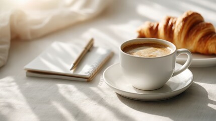 A white cup of coffee and a plate of croissants sit on a table next to a notebook and pen, bathed in warm natural light.