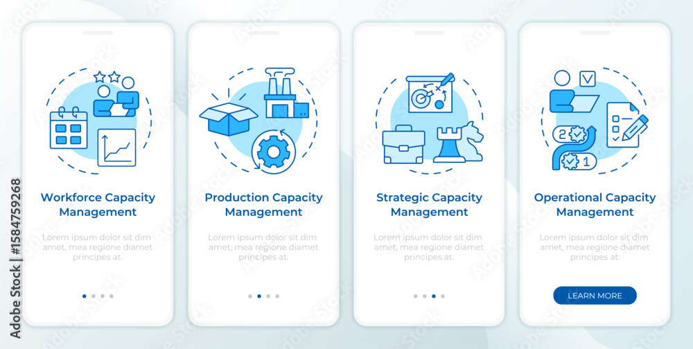 Aufkleber types of capacity management blue onboarding mobile app screen. resources. walkthrough 5 steps edita