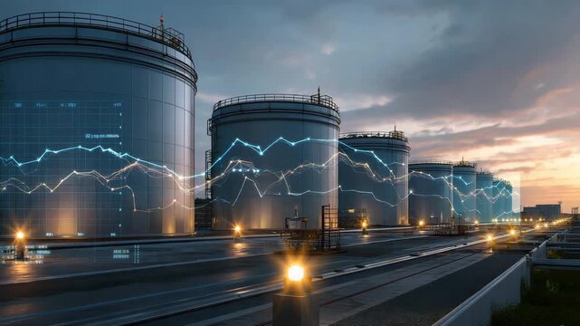 Row of tanks with graphs on them. The tanks are lit up. There are several trucks in the background. clean editorial photo with graphs layered over oil storage units, emerging oil markets