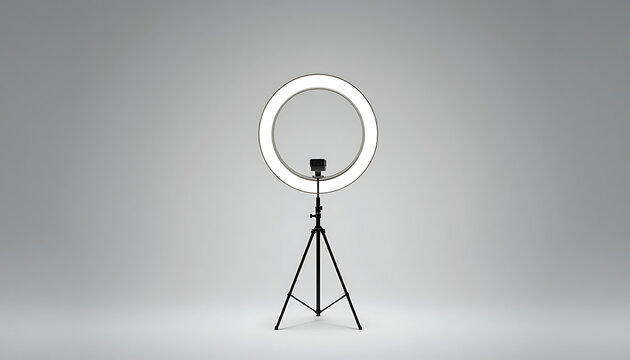 A large LED ring light on a stand, studio background with neutral color, 4K and HD image.