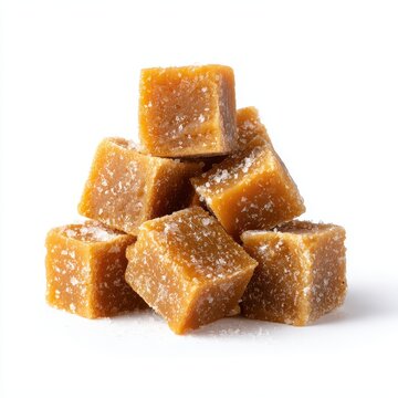 Ultra quality image of pile of golden brown jaggery cubes on white background showcasing natural sweetness and healthy alternative sweetener for culinary use.