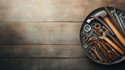 A round tray filled with various rusty and new hand tools, including wrenches, hammers, screwdrivers, and pliers, resting on a wooden surface.