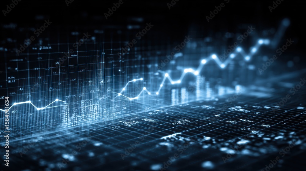 Poster a digital graph illustrating data trends with glowing lines and numbers representing financial analy