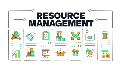 Resources management word concept isolated on white. Corporate capacity organization. Productivity. Creative illustration banner surrounded by editable line colorful icons. Hubot Sans font used