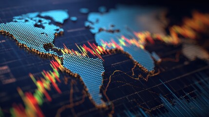 A digital world map with glowing data visualizations representing trends and analytics.