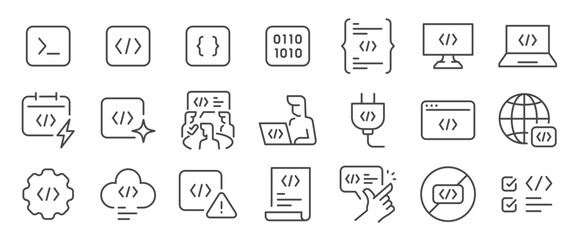 Code icon set. It included coding, programming, binary, developer, api, plugin, and more icons. Editable Vector Stroke.
