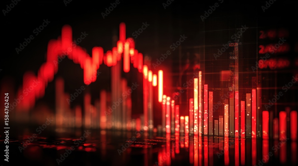 Poster a dynamic financial chart displaying red candlesticks representing market declines and trading fluct