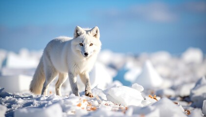 A beautiful white fox gracefully traverses a snowy landscape, its fluffy fur contrasting against the glistening snowflakes, embodying winter's serene beauty.