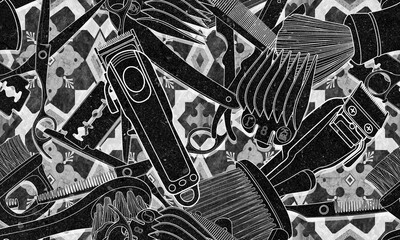 Seamless barber tools pattern illustration mixed textured background and wallpaper design.	