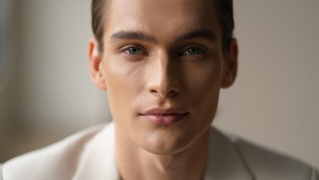 A Captivating Portrait of a Young Male Model with Striking Features and a Confident Expression in a Softly Lit Environment