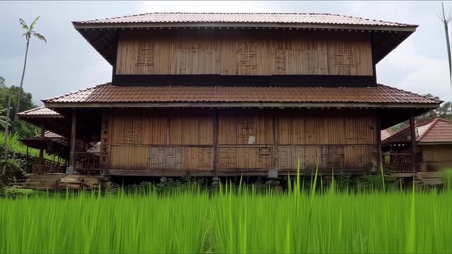 Two-story bamboo house in a rice paddy