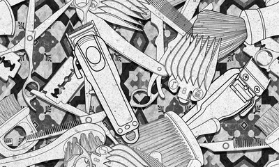 Seamless barber tools pattern illustration mixed textured background and wallpaper design.	