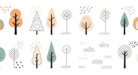 Charming Seamless Pattern Featuring Stylized Trees in Autumnal and Winter Hues with Decorative Elements