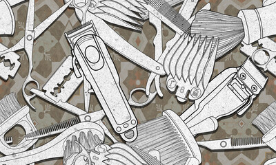Seamless barber tools pattern illustration mixed textured background and wallpaper design.	