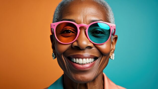 A Stylish Senior Woman with Colorful Sunglasses, Radiating Joy and Confidence Against a Bright Background, Embracing Individuality and Vibrant Style