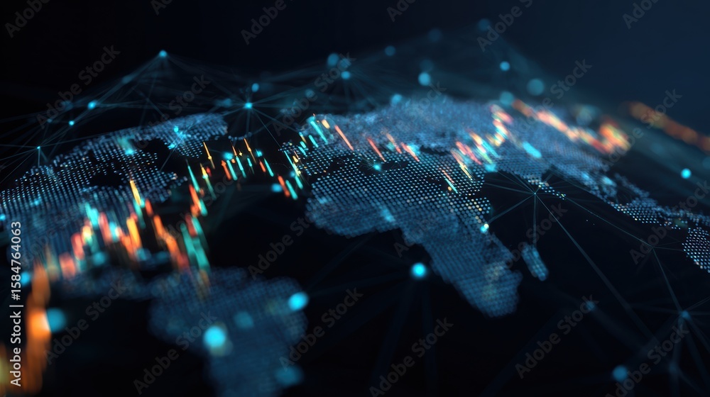 Aufkleber a futuristic digital map illustrating global connectivity and data flow over a virtual landscape.