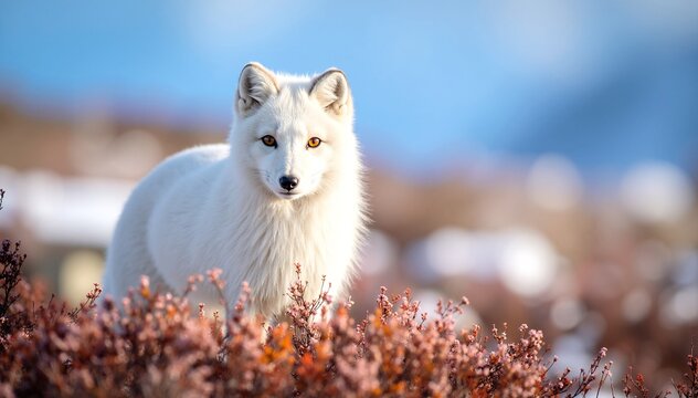 A beautiful white fox stands gracefully amidst lush green bushes, its fur glistening in the sunlight, blending harmoniously with the vibrant foliage.