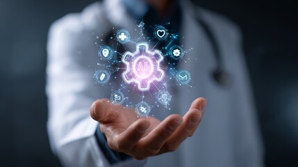 Innovative healthcare illustrated with a doctor holding an AI-powered system in his palm showcasing medical technology.