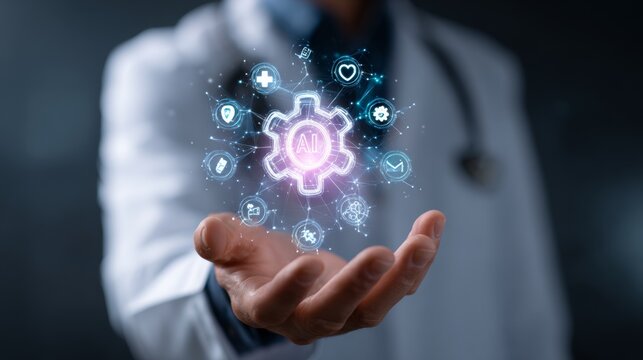 Innovative healthcare illustrated with a doctor holding an AI-powered system in his palm showcasing medical technology.