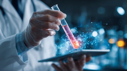 Researcher in a lab coat examines a blood sample in a test tube with digital technology and data interface overlay.