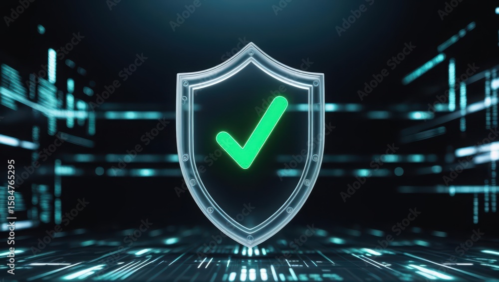Poster digital security shield with green checkmark symbol in a futuristic technology background representi