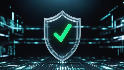 Digital security shield with green checkmark symbol in a futuristic technology background representing cybersecurity protection and data safety concept
