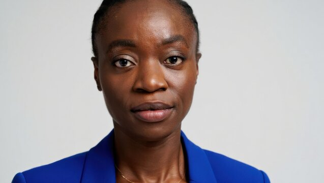 A poised individual in a blue jacket, exhibiting confidence with an intense gaze, showcasing leadership qualities and professionalism through their expression and posture.