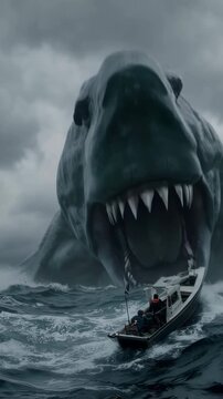 Gigantic shark monster attacking fishermen boat