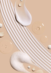 samples of cosmetic care products smear of cream gel texture on a beige background
