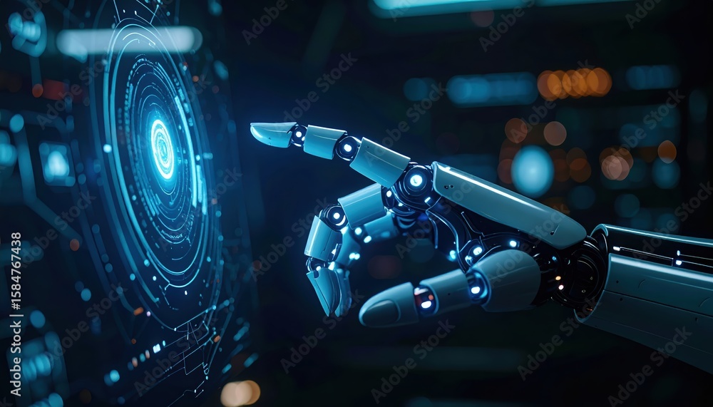 Poster futuristic robotic hand interacting with holographic digital interface in a high tech environment wi