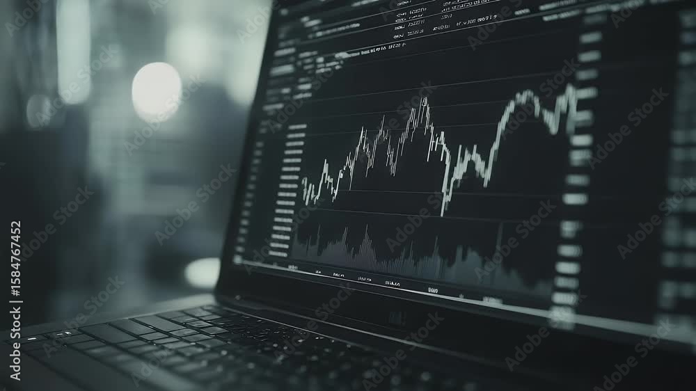 Aufkleber close up view of a generic device displaying stock market charts inside a blurred office environment