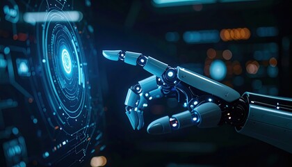 Futuristic robotic hand interacting with holographic digital interface in a high tech environment with glowing blue lights and advanced technology elements