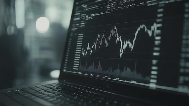 Close up view of a generic device displaying stock market charts inside a blurred office environment with shallow depth of field