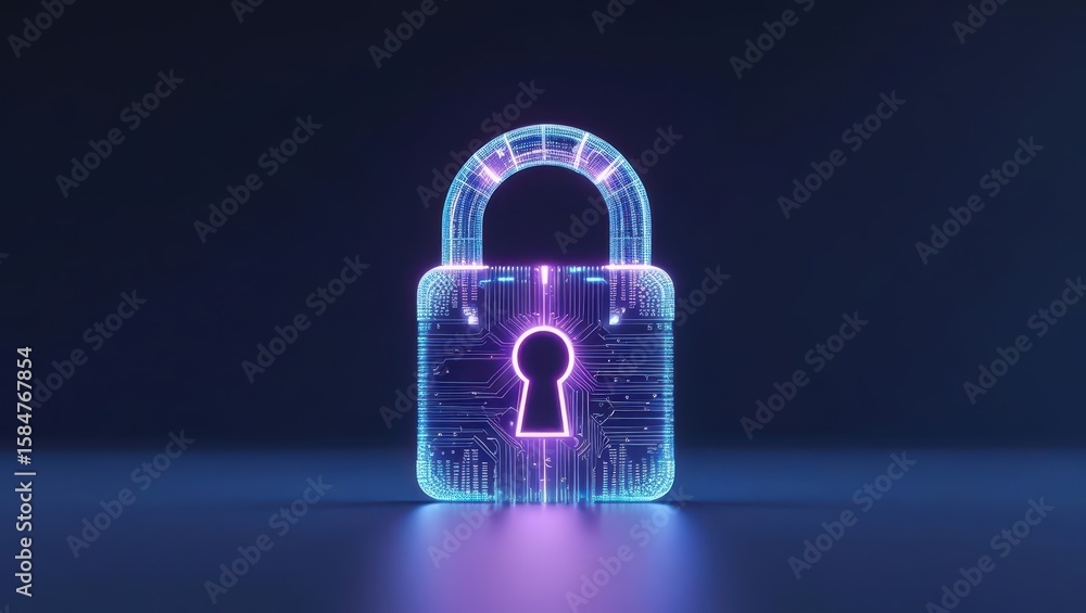 Poster futuristic digital hologram of a glowing padlock with keyhole symbol representing cybersecurity and 