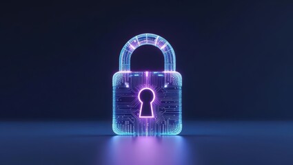 Futuristic digital hologram of a glowing padlock with keyhole symbol representing cybersecurity and data protection in a dark high-tech environment