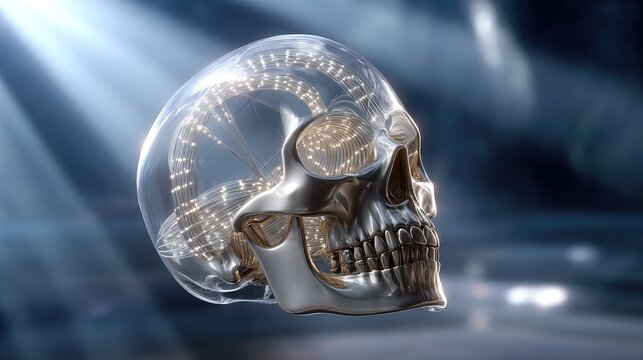 Metallic skull with glowing inner technology - Powered by Adobe