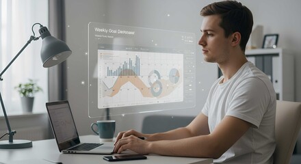 Remote Work Success Young Professional Analyzing Data on Futuristic Interface at Home