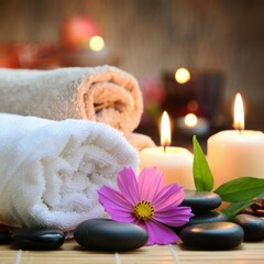 Relaxing Spa Ambiance with Soft Towels, Stones, and Candles Creating a Peaceful and Calming Atmosphere for Wellness and Self-Care