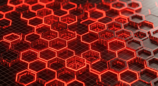 Glowing red hexagonal grid pattern, intricate digital structure, abstract technology background. - Powered by Adobe
