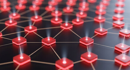 Abstract network visualization featuring interconnected red hexagonal nodes emitting light, illustrating data flow.