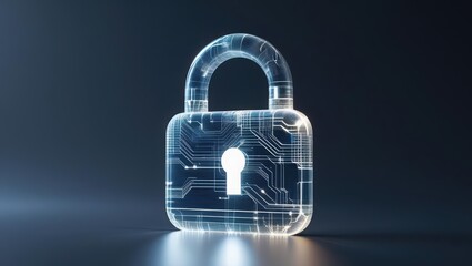 Futuristic digital padlock symbolizing cybersecurity and data protection with glowing circuit lines in a high-tech digital environment on a dark background