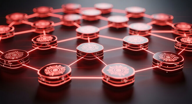 Abstract depiction of a network with interconnected nodes glowing red, suggesting connection, technology, and data flow on a dark surface.