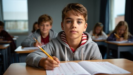 Focused Young Student Engaged in Classroom Learning Activity with Peers, Reflecting Concentration and Dedication to Academic Success