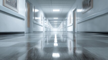 Fototapeta premium A long, empty hospital corridor with glossy floors, soft lighting, and framed artwork on the walls.
