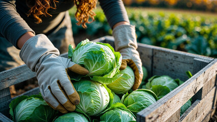 Farmer harvesting cabbages in a wooden crate during the autumn season.