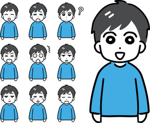 若い私服の男性のいろんな表情のセット(上半身・正面)	